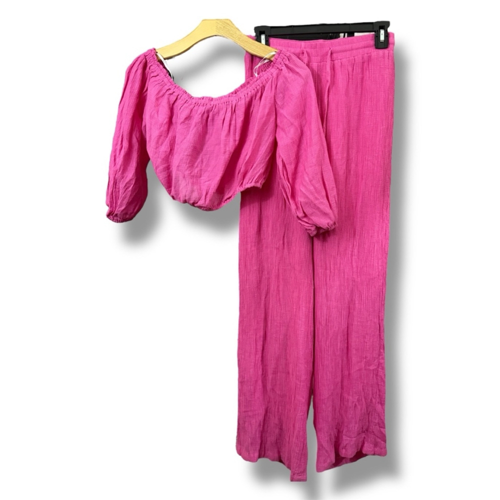 LULUS women’s hot pink lightweight wide leg pants and matching top 2 piece set